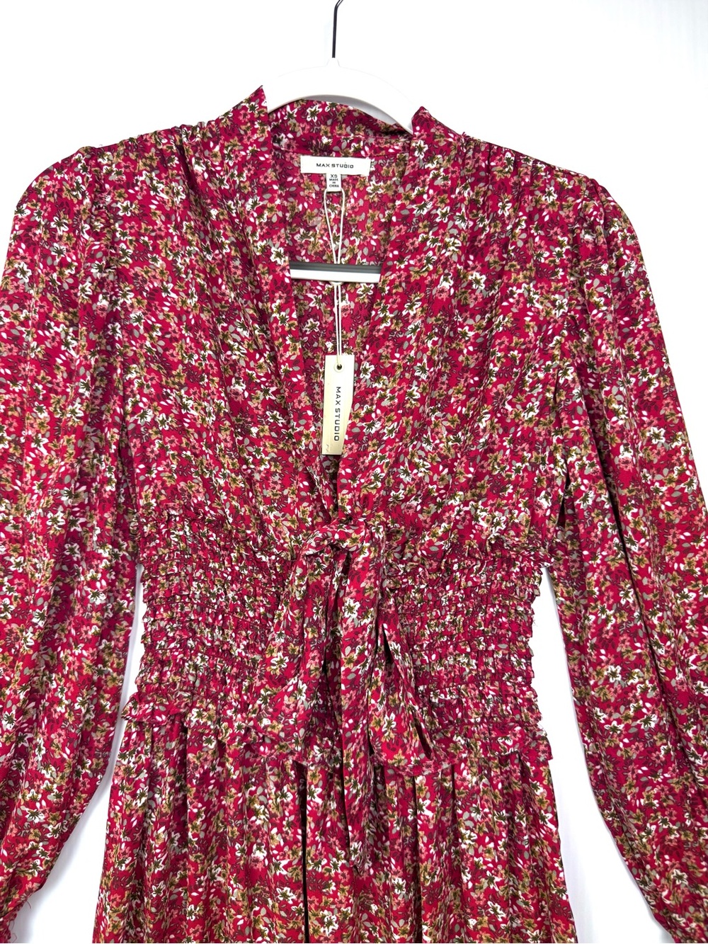 Max Studio Smocked Waist Midi Dress Red Floral Flowy V Neck Bow XS - Picture 4 of 10
